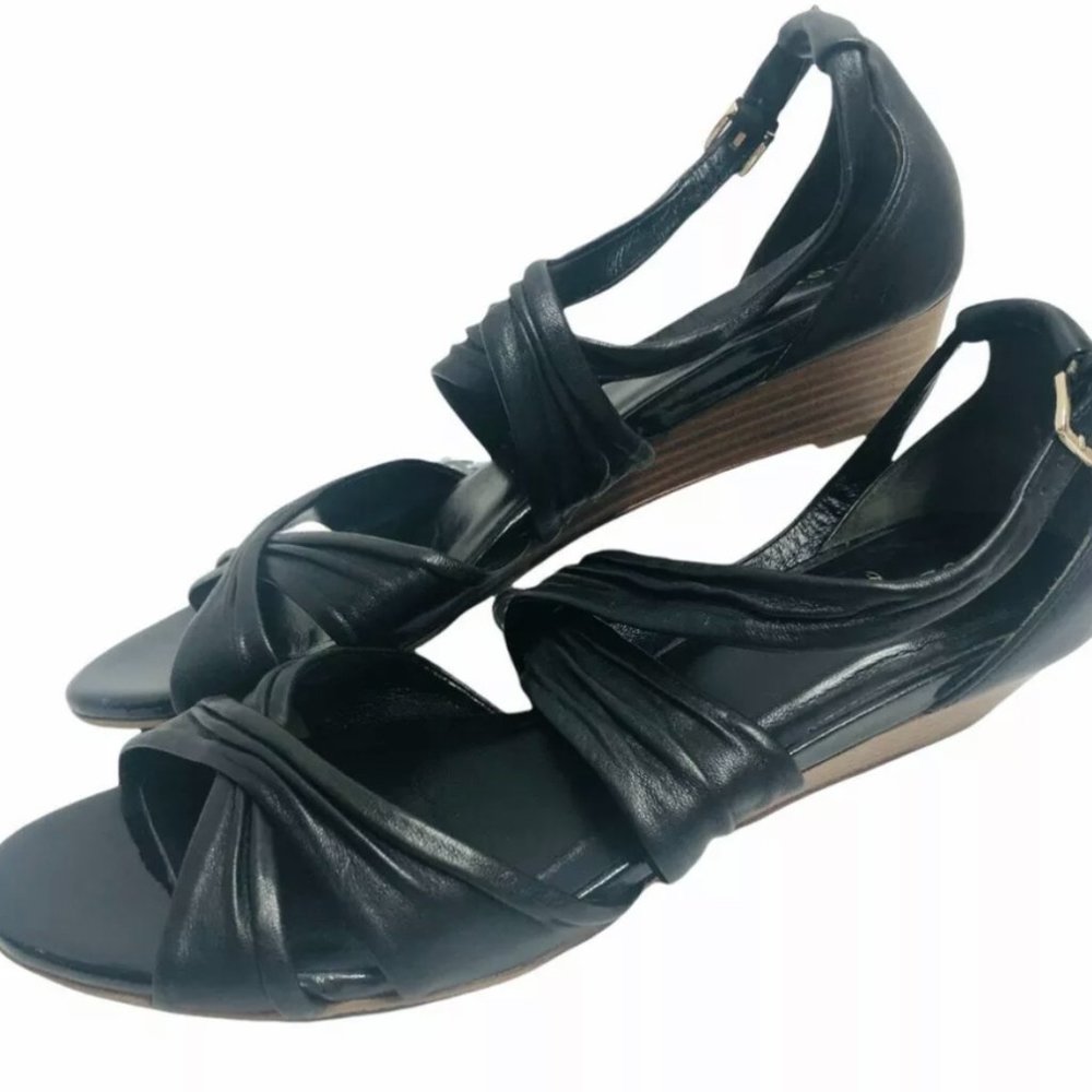 COLE HAAN Wedge Air Criss Cross Sandals D 37910 Black Leather Women Sz 7B